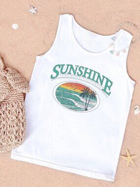 Sunshine Beach Tank Top – Retro Palm Tree Waves Graphic Tee